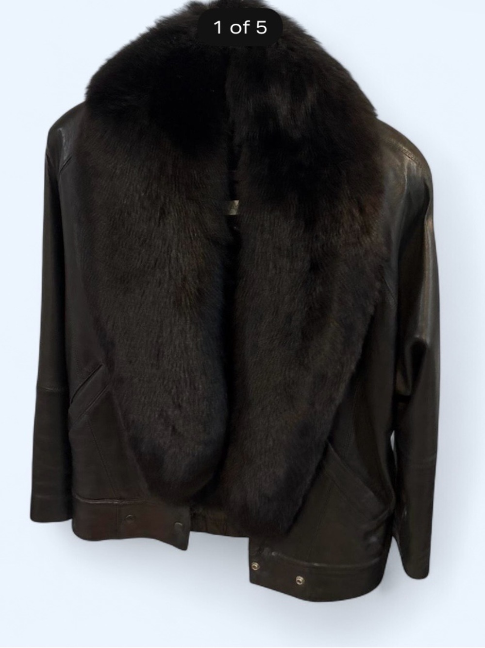 Andrew Marc Black Leather Jacket with Button on Large Black Fur Collar